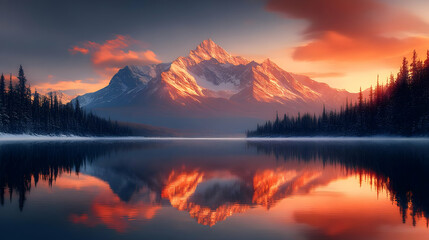 Wall Mural - Majestic mountain peak reflected in still lake water at sunrise.