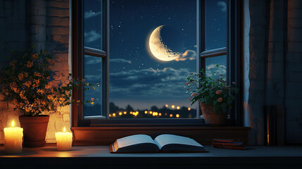 Night scene: the moon in the sky outside the window, an open book on the windowsill, a potted plant, and candlelight.