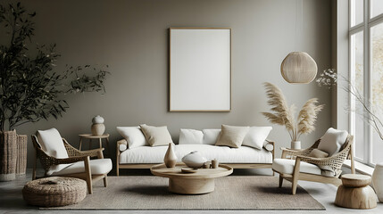 Wall Mural - Minimalist Living Room Interior with White Sofa, Two Armchairs, and a Wooden Coffee Table.