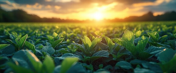 Wall Mural - Green field of plants at sunset with a bright sun shining through the clouds.