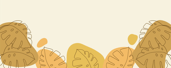 Wall Mural - banner background including line drawing of leaf monstera modern boho single line art.