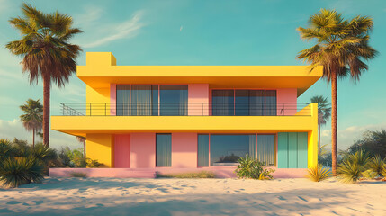 Poster - Modern beach house with yellow and pink exterior.