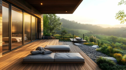 Poster - Modern deck with a view of a lush green valley, overlooking a forest with the morning sun shining through.