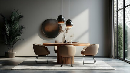 Wall Mural - Modern dining room interior with wooden table, chairs, and two pendant lamps.