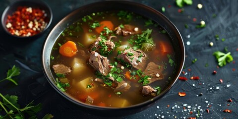 Wall Mural - Clear Beef Soup with Broth and Vegetables