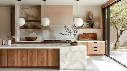 Wall Mural - Modern kitchen island with marble countertop and wooden cabinets, natural light and open plan.