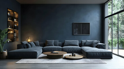 Wall Mural - Modern living room with a dark blue wall and large sectional sofa.