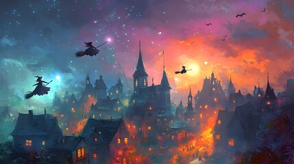 Witches Flying over Medieval Town at Night with Full Moon