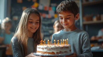 Two children smiling at a birthday cake with lit candles.