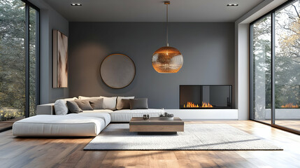 Wall Mural - Modern living room with white sectional sofa, fireplace, and large windows.