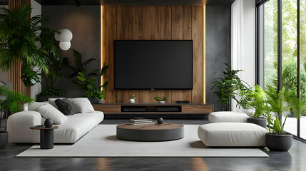 Wall Mural - Modern living room with white sofa, large TV and plants.