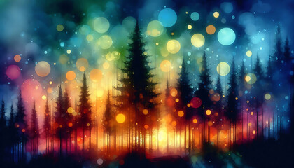 Abstract depiction of a forest at dusk tall dark evergreen trees against a colorful background. The scene is illuminated by numerous glowing orbs of light in warm hues of orange yellow and cool blues 