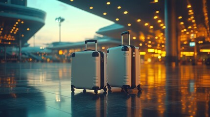 Two white suitcases stand outside a modern airport terminal, with a blurred background of glowing lights and an airplane in the distance, signifying travel and adventure.