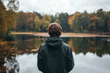 Person Viewing Lake in Autumn Forest Serenity Reflection Nature Photography Calm