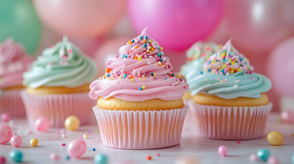 Wall Mural - Pink and Green Cupcakes with Sprinkles on a Table with Balloons in the Background.