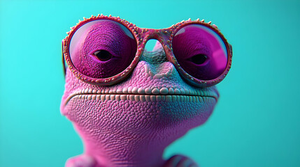 Wall Mural - Pink chameleon with sunglasses.