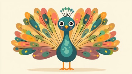 Poster - Experience the beauty of a minimalist peacock illustration, featuring clean lines and vibrant feathers in a charming cartoon style.