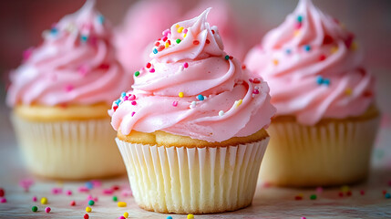 Wall Mural - Pink cupcakes with colorful sprinkles on a wooden surface.