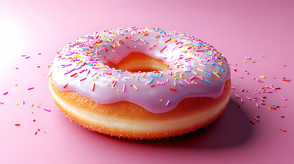 Wall Mural - Pink frosted donut with sprinkles on a pink background.