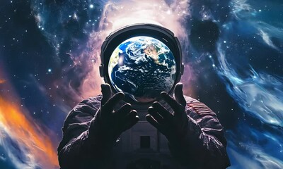 Wall Mural - an astronaut marvels at the earth they hold in their hands, with the cosmos as the backdrop.