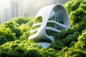 sustainable green building environmentally friendly buildings Future green business idea Environmental sustainability goals in 2050. White building shape amidst pristine nature. , ai