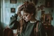 © senyumanmu - Pensive young woman in cozy, nostalgic room with green sweater and tousled hair