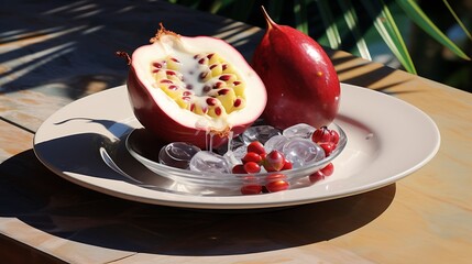 A mangosteen slice placed on a tropical plate, with a few mangosteen seeds nearby, and a sprinkle of sugar on top, on a sunny outdoor table.