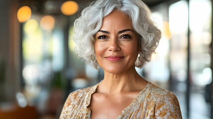 Canvas Print - Portrait of a happy mature woman with gray hair.