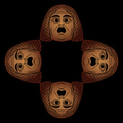 Sticker - Square ethnic famine with four ancient Roman tragic theater masks. Black and brown silhouette.