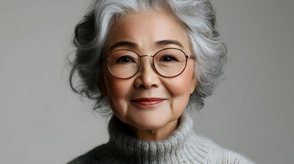 Canvas Print - Portrait of a smiling senior woman wearing glasses and a sweater.