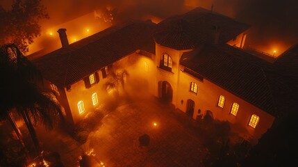 Wall Mural - Drone footage of a Spanish Colonial-style villa, its stucco walls and tile roof glowing with a warm, amber-hued light .