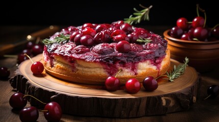 Canvas Print - Classic German Plum Cake with Plums Arranged on a Wooden Platter 