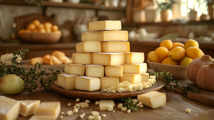 Pyramid of cheese rounds, wooden board, with fruit and greens in a rustic kitchen.