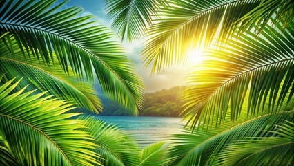 Canvas Print - Green palm leaves with a tropical ambiance, tropical, greenery, nature, palm fronds, exotic, botany, foliage, lush