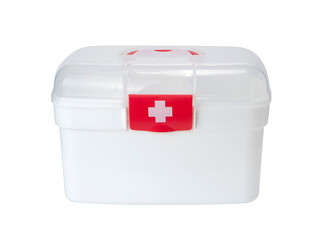 White emergency first aid kit box isolated on white background