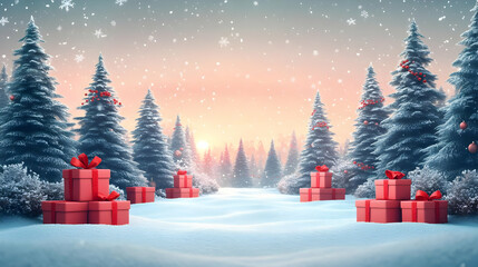 Canvas Print - Red Christmas presents in snowy forest with pink sky.