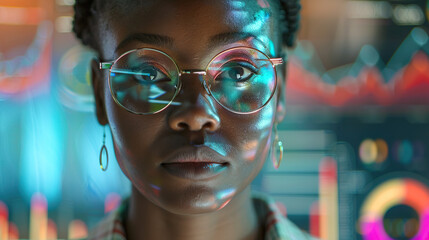 Business graphics and program code.
Close-up of a woman's face with glasses,
