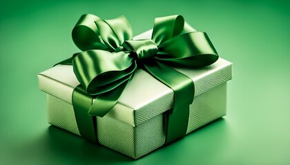 green gift box with green ribbon and bow in a isolated background