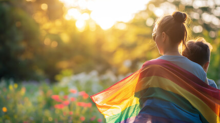 A person draped in a rainbow flag, standing in a sunny field, representing LGBTQ pride.