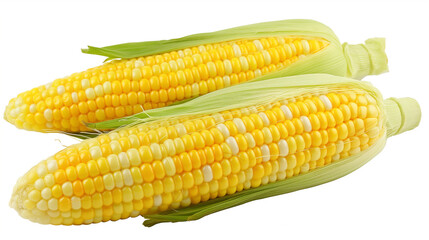 Wall Mural - Close-up of fresh corn on the cob with vibrant yellow kernels, arranged on a white background.