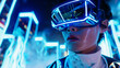 © Ashy studio - A 3D man wearing VR glasses stands in abstract cityscape with silver and white neon lights for futuristic sci-fi technology cyberpunk cool background