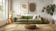 © Ali - Contemporary living room featuring a sage green sofa, brass accents, and a jute rug