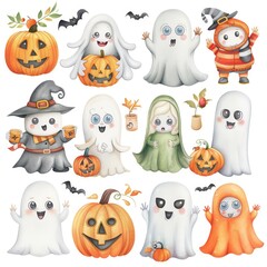 Wall Mural - 18072337 15 Detailed watercolor of Halloween ghosts, spectral and misty, isolated white background