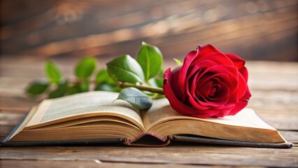 Beautiful red rose resting on an open bible, symbolizing faith and spirituality in a peaceful setting, red rose, bible