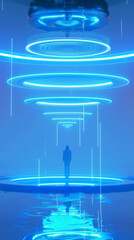 Wall Mural - A 3D futuristic and high-tech blue poster with holographic floating digital circles and glowing lines in futuristic virtual reality digital cyberpunk style