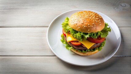 Delicious cheeseburger on a plate isolated on background top view, burger, cheeseburger, tasty, fresh, delicious, appetizing