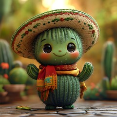 Cute Cartoon Cactus Wearing Sombrero and Scarf