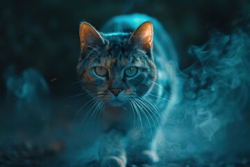  A cat is walking through a blue haze