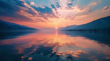 Wall Mural - A serene lake reflecting a vibrant sunset with mountains in the background.