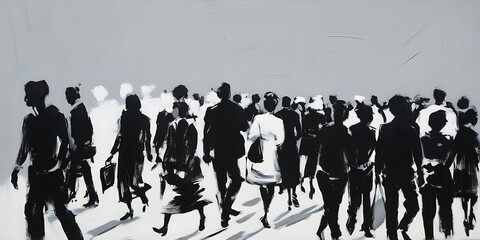 Black and white sketch of a crowd, people in silhouette with their backs to the viewer against a white background, with brush strokes and fine lines and hatching Generative AI  